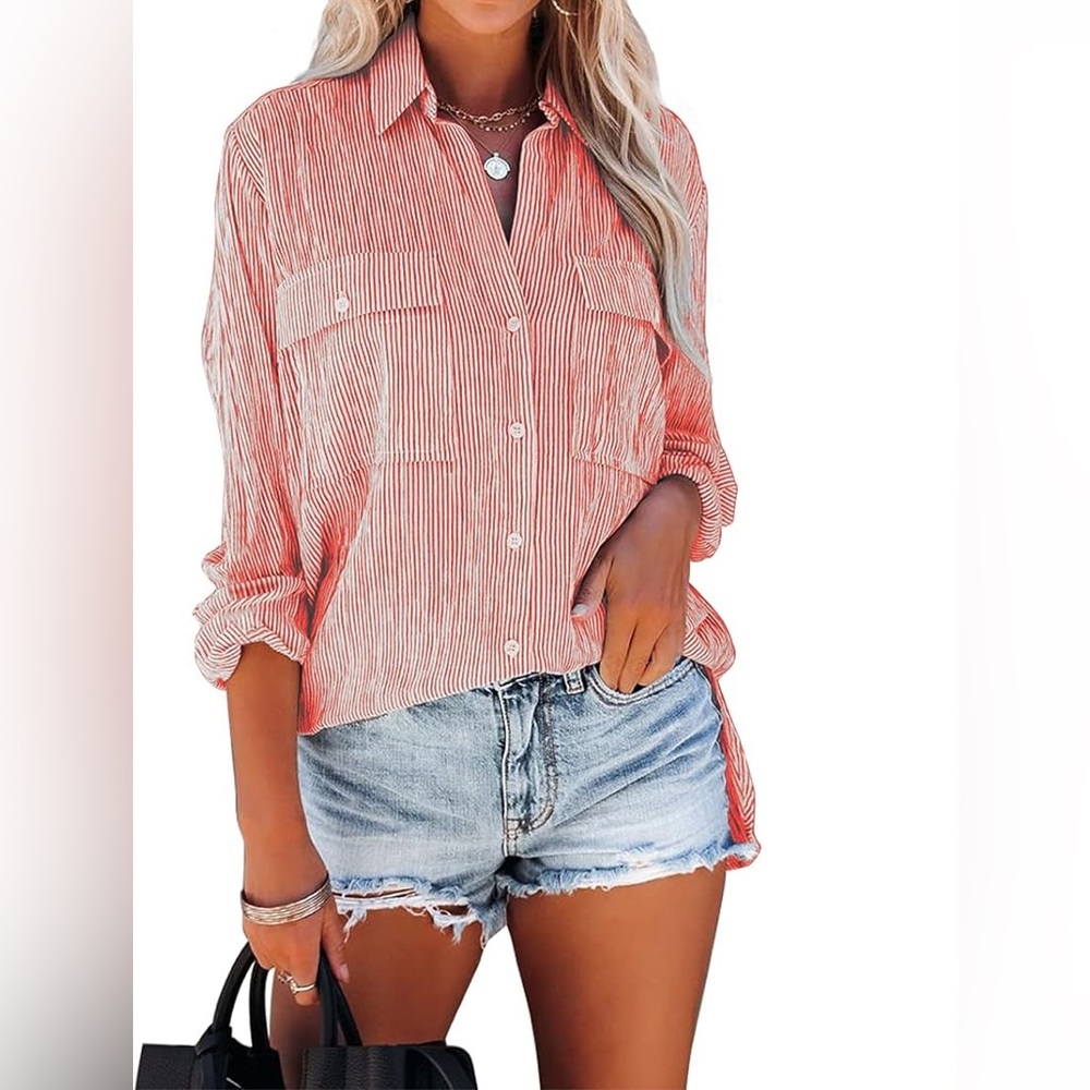 Sz L OMSJ OMSJ Women's Striped Button Down Shirts Casual Long Sleeve Stylish V